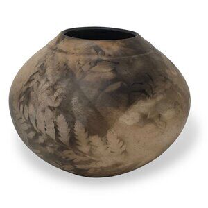 Studio Earthenware Pottery Signed M.Borg Round Vase 4.25" high Brown Leaf Design